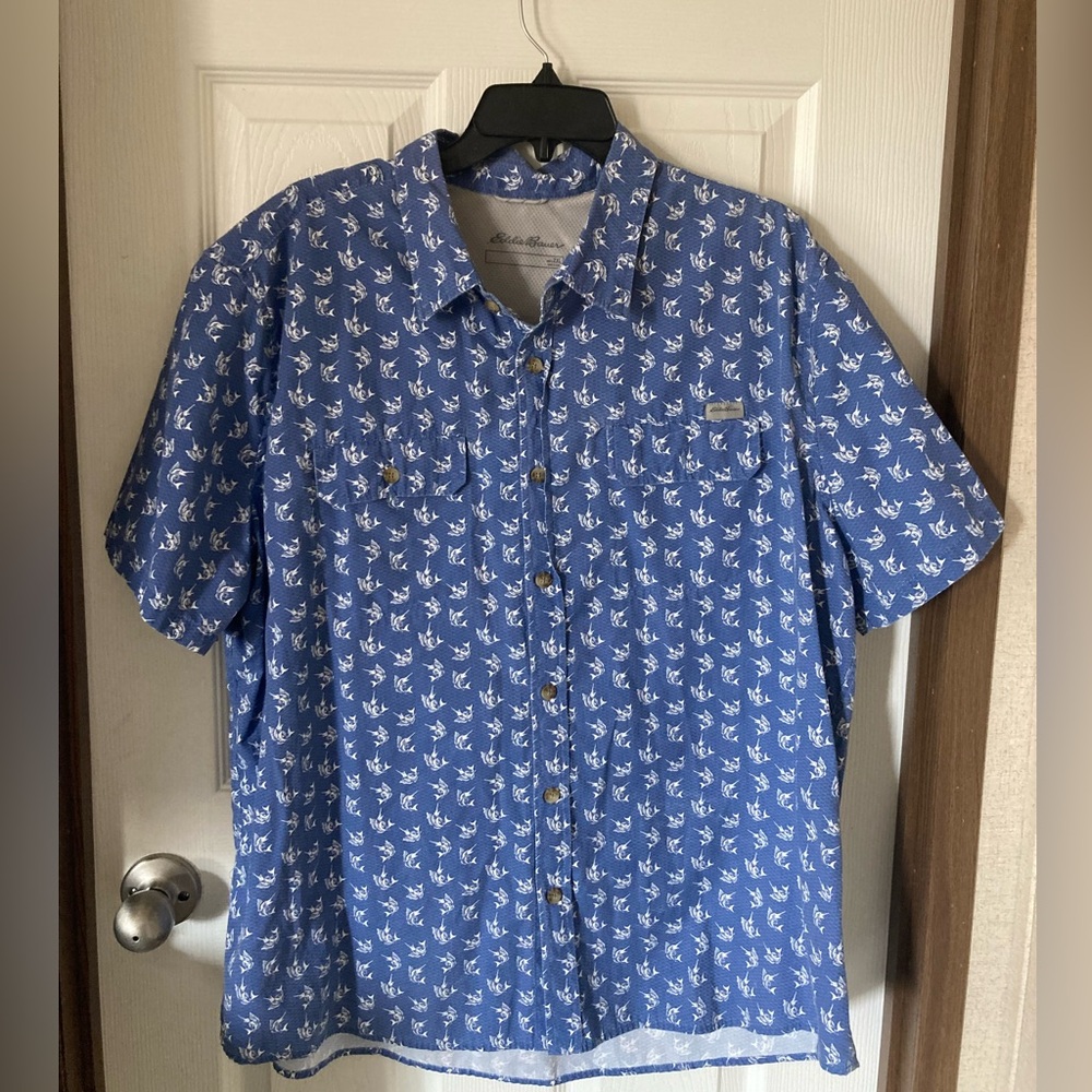 Eddie Bauer Blue and White fish button up Men's Shirt XXL
